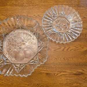 Vintage Clear Pressed Glass Fruit Bowl Plate Set Grapes Pears Scalloped Edge 2pc